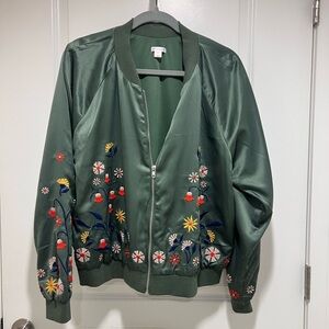 Floral Embroidered Khaki Green Bomber Jacket | XL